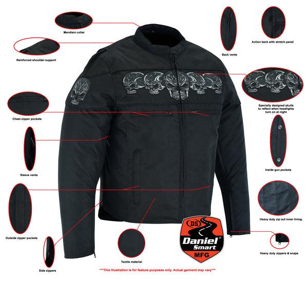 DS600 Men's Textile Scooter Style Jacket w/ Reflective Skulls - Wind Angels