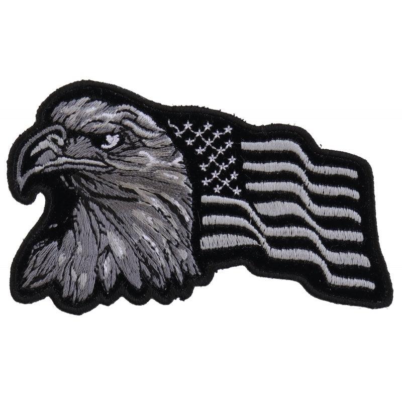 P3960 Eagle With Waving Flag Black Silver Patriotic Iron on Patch - Wind Angels