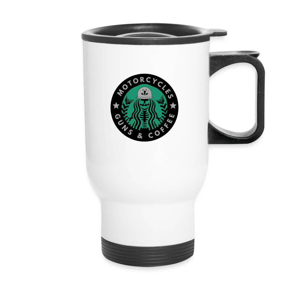 Motos, Guns & Coffee Travel Mug - white