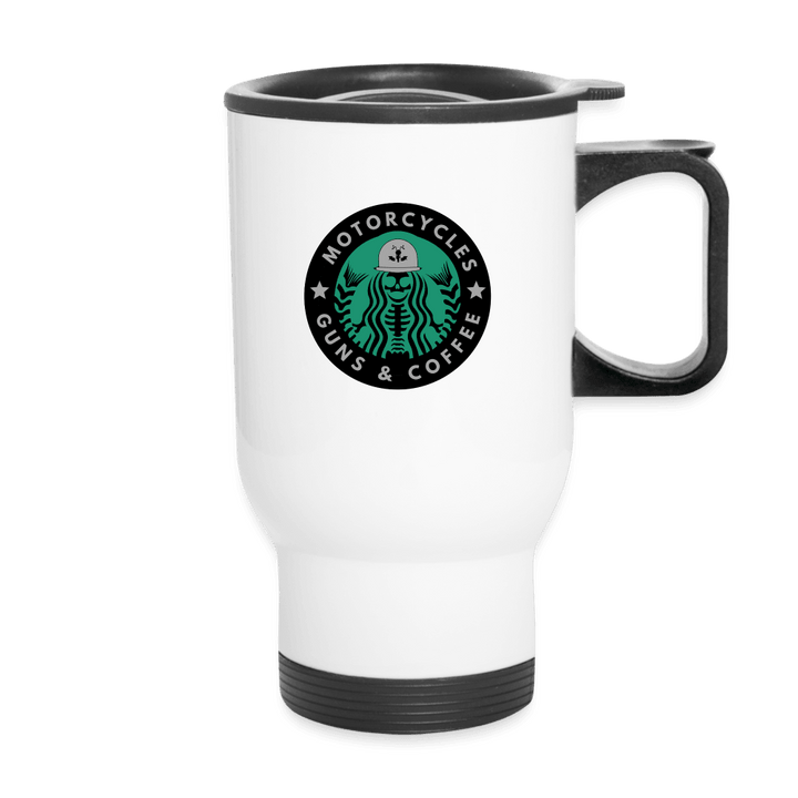 Motos, Guns & Coffee Travel Mug - white