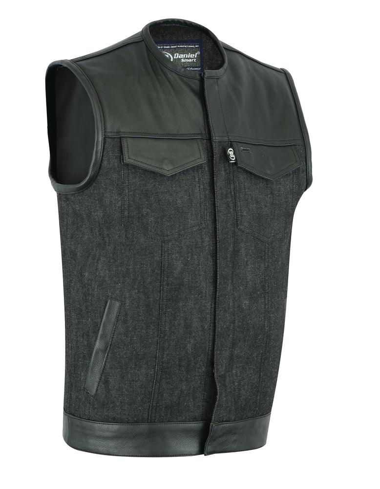 DM901 Men's Leather/Denim Combo Vest Without Collar - Wind Angels