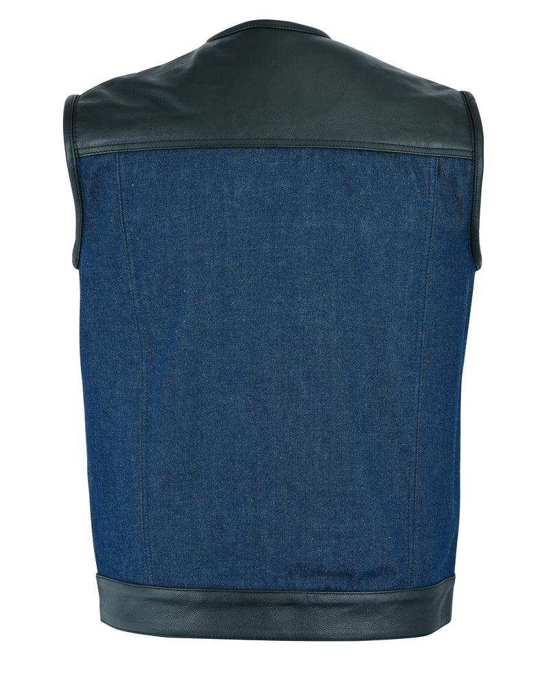 DM933 Men's Leather/Denim Combo Vest (Black/Broken Blue) - Wind Angels