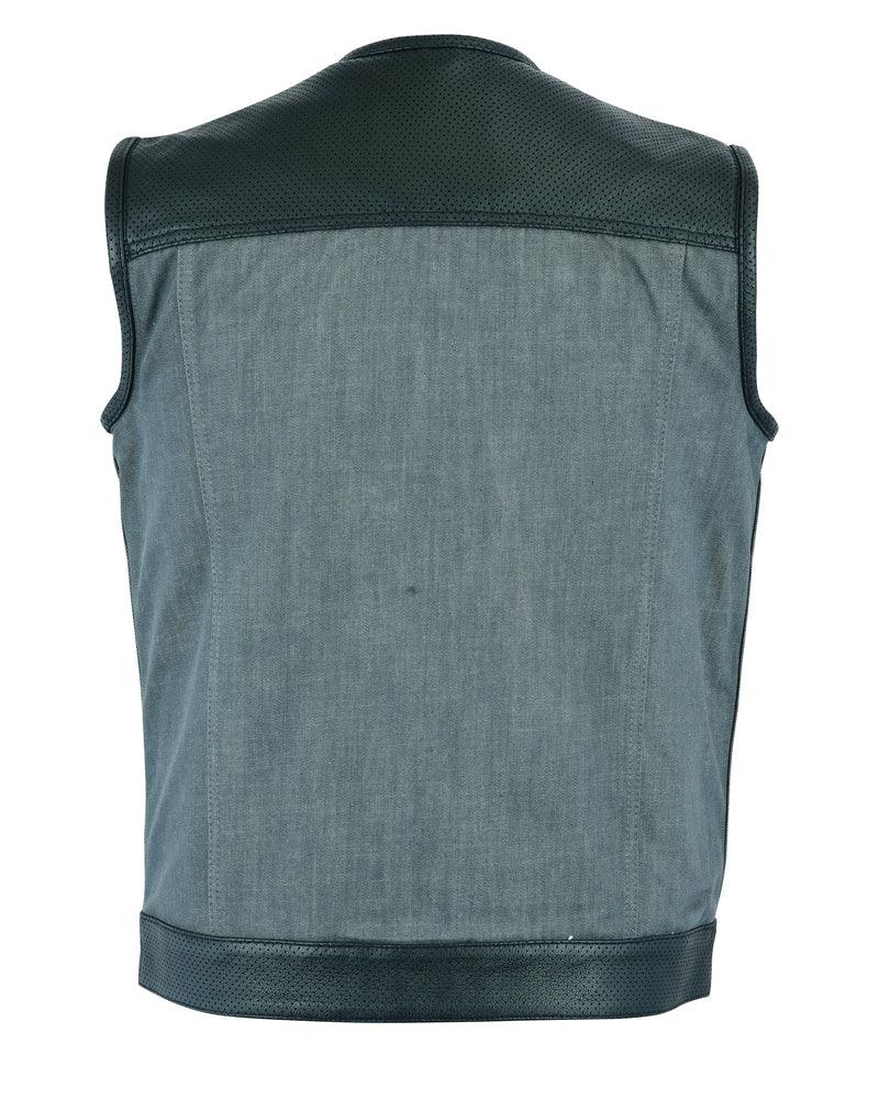 DM934 Men's Perforated Leather/Denim Combo Vest (Black/ Ash Gray) - Wind Angels