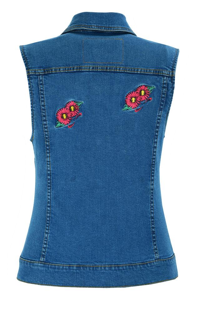DM944 Women's Blue Denim Snap Front Vest with Red Daisy - Wind Angels