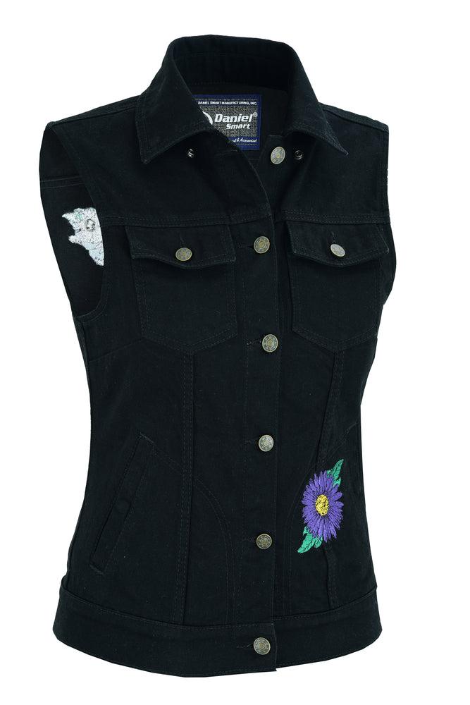 DM945 Women's Black Denim Snap Front Vest with Purple Daisy - Wind Angels