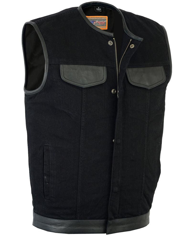 DM991 Men's Black Denim Single Panel Concealment Vest W/Leather Trim- - Wind Angels