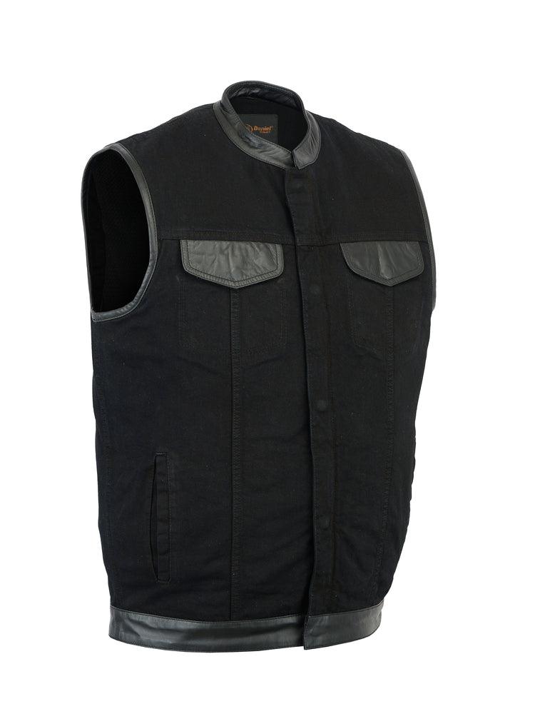 DM992 Men's Black Denim Single Panel Concealment Vest W/ Leather Trim - Wind Angels