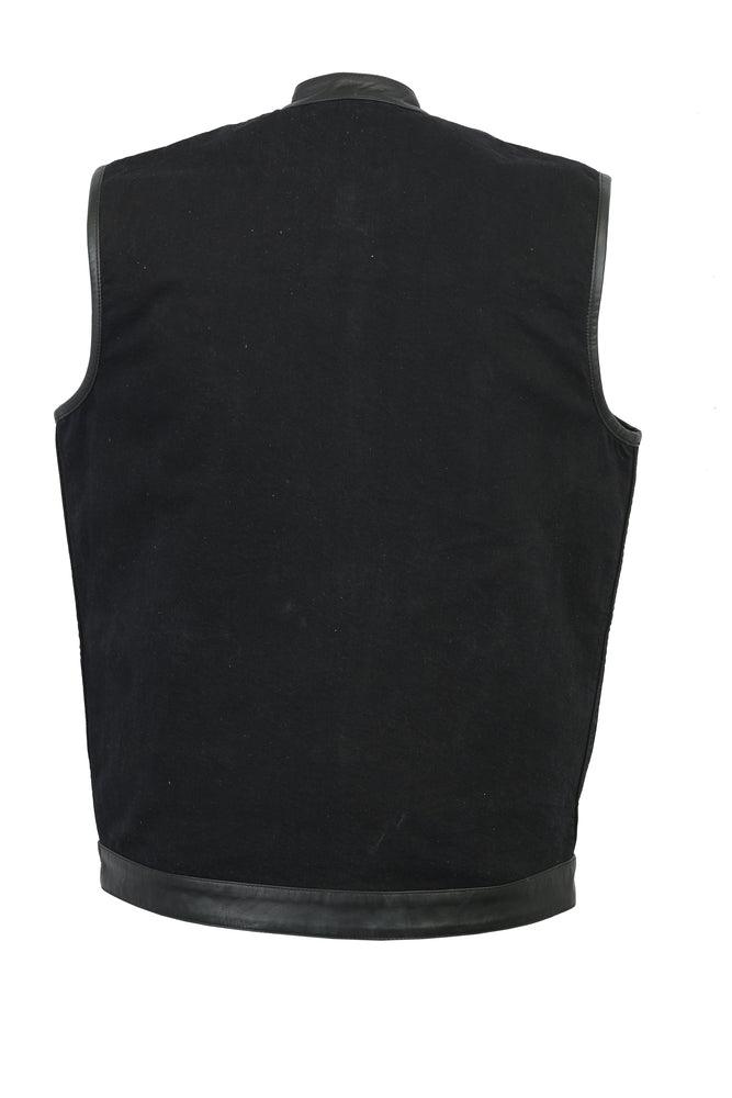 DM992 Men's Black Denim Single Panel Concealment Vest W/ Leather Trim - Wind Angels