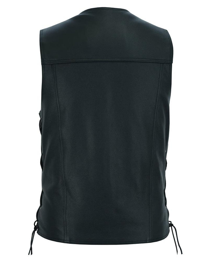 DS124 Men's Black Leather Vest with Side Laces and Gun Pockets - Wind Angels