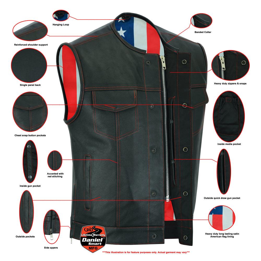 DS155 Men's Leather Vest with Red Stitching and USA Inside Flag Linin - Wind Angels