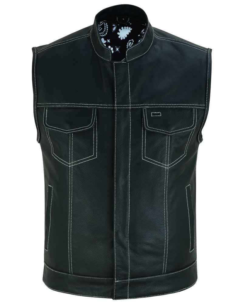 DS164 Men's Paisley Black Leather Motorcycle Vest with White Stitching - Wind Angels