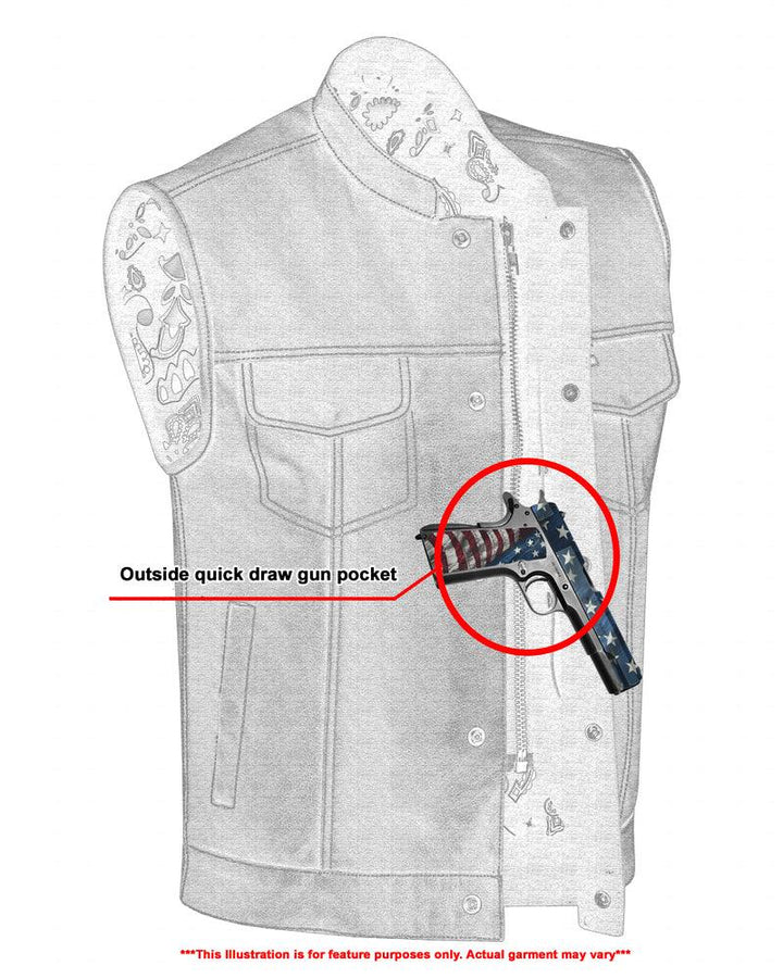 DS164 Men's Paisley Black Leather Motorcycle Vest with White Stitching - Wind Angels