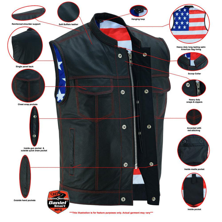 DS165 MEN'S LEATHER VEST WITH RED STITCHING AND USA INSIDE FLAG LININ - Wind Angels