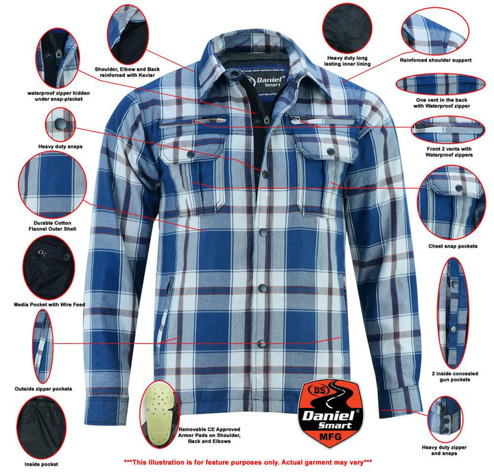 DS4673 Armored Flannel Shirt - Blue, White & Maroon - Wind Angels