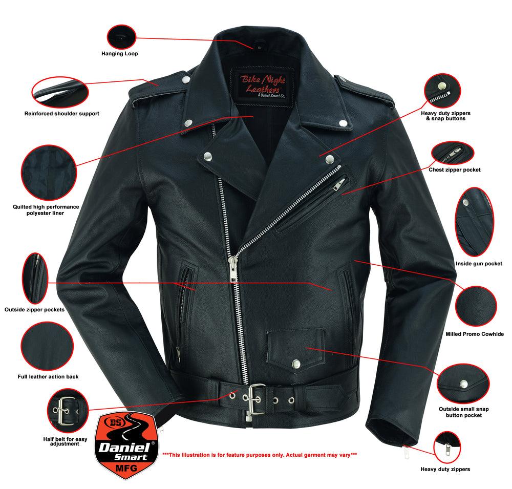 DS710 Economy Motorcycle Classic Biker Leather Jacket - Plain Sides - Wind Angels