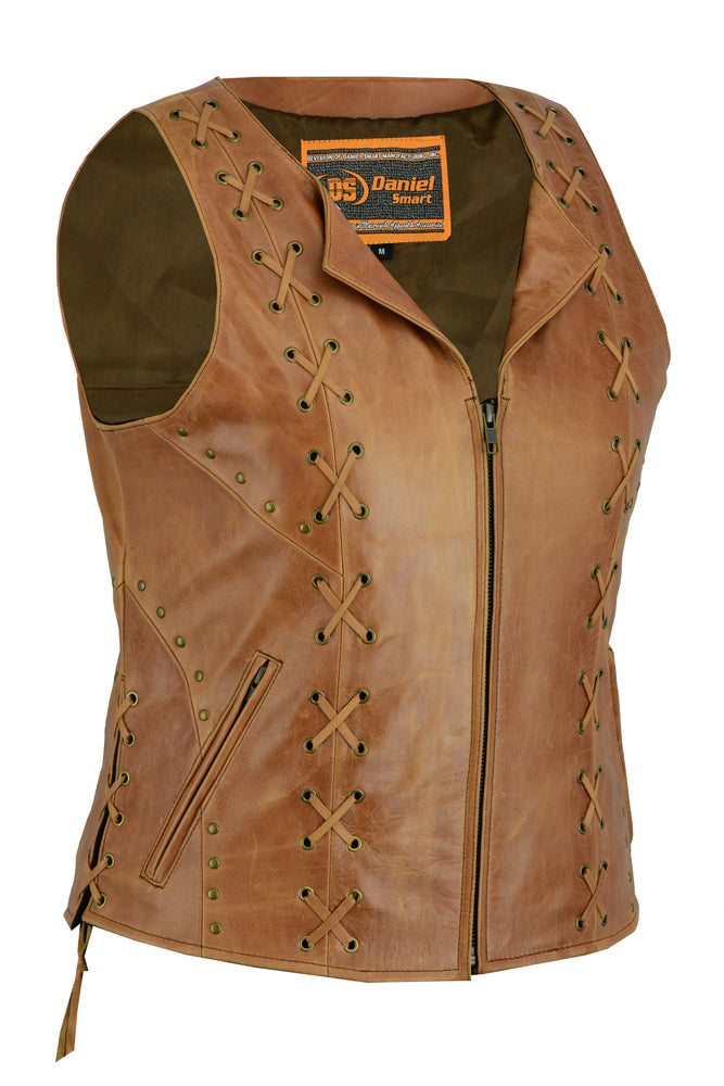 DS236 Women's Brown Zippered Vest with Lacing Details - Wind Angels