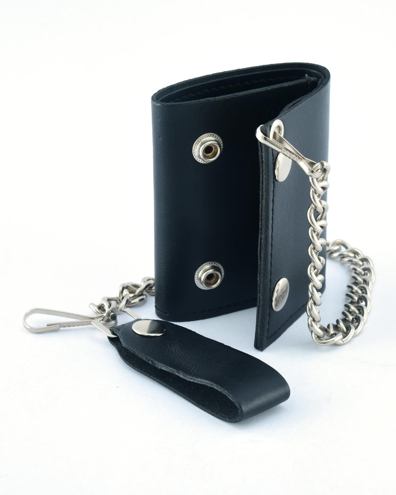 BWC235 Black Tri-Fold Genuine Leather Wallet with Chain