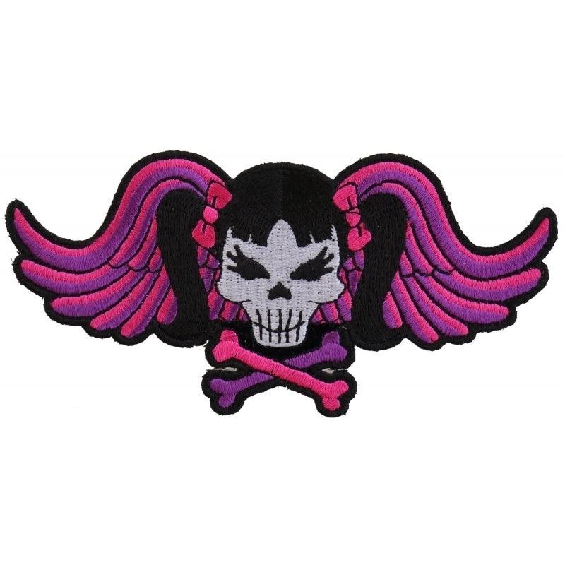 P3419 Pigtails Bow Skull and Wings Small Pink Patch - Wind Angels