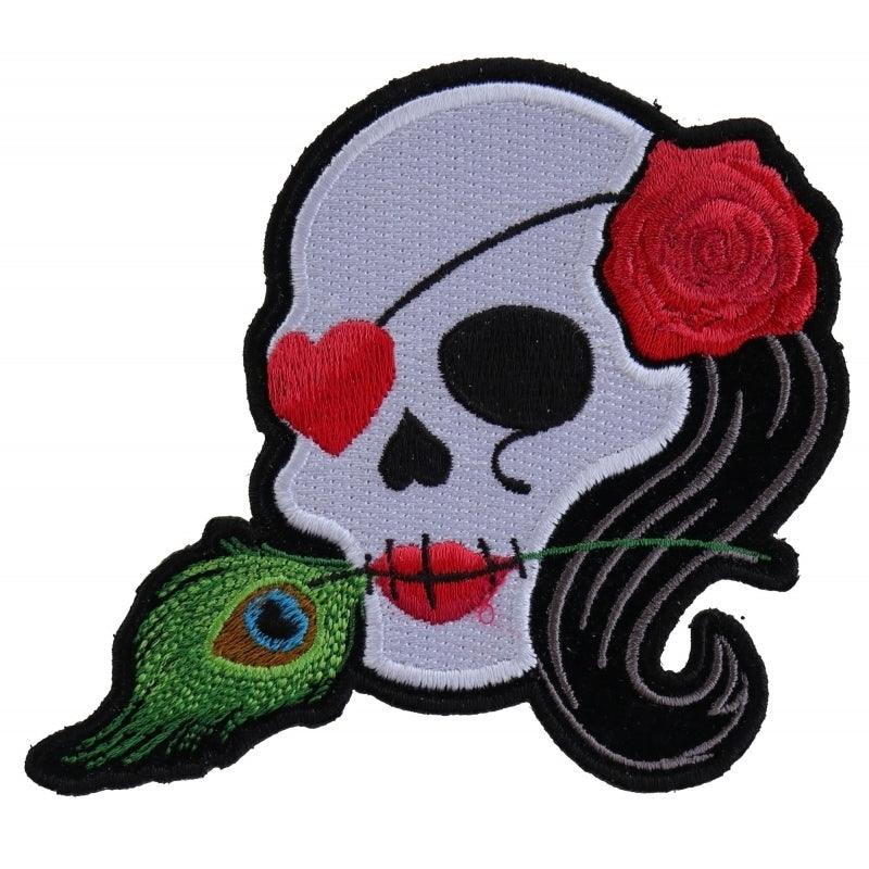 P5145 Lady Sugar Skull With Pink Rose and Feather Small Patch - Wind Angels