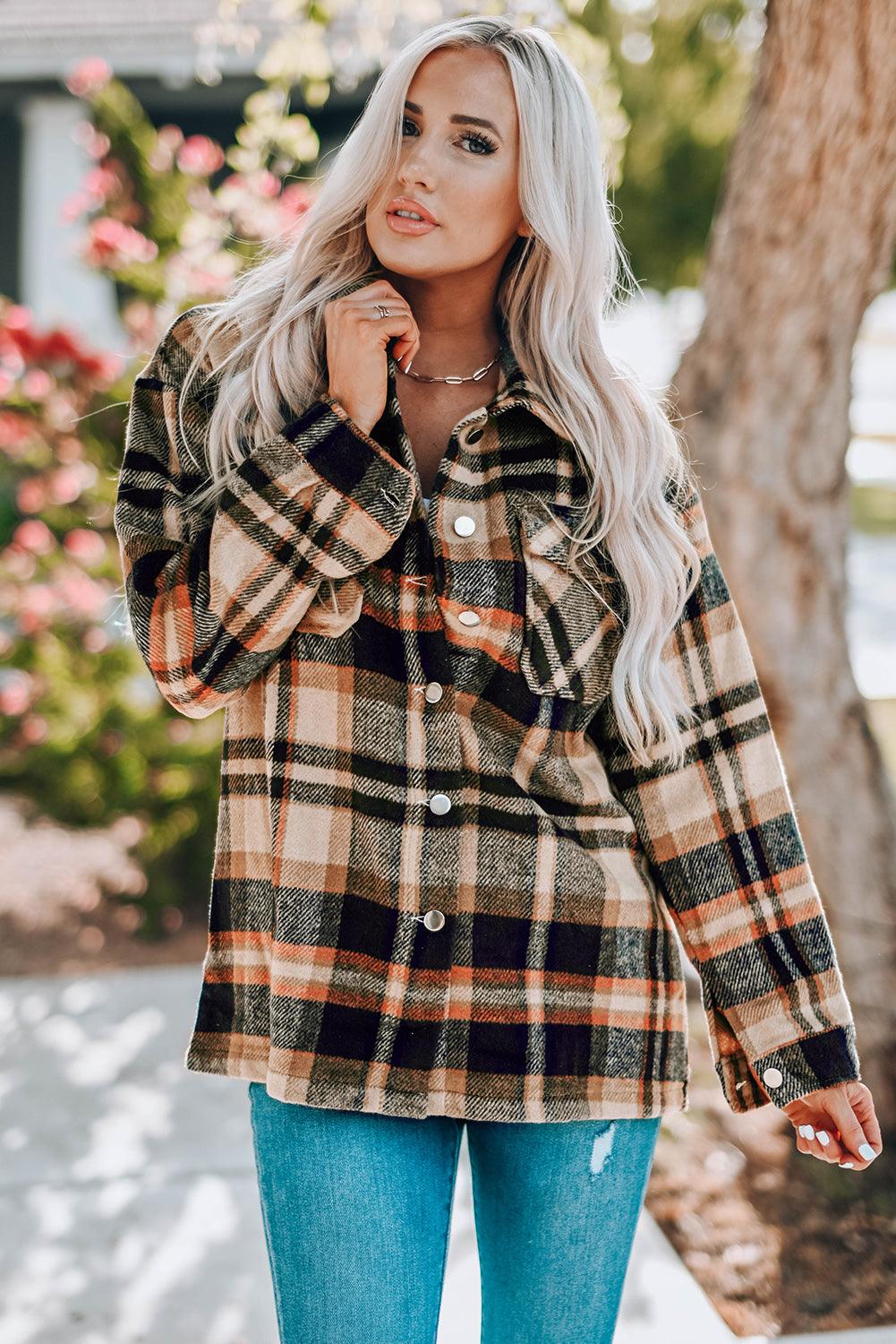 Plaid Button Front Shirt Jacket with Breast Pockets - Wind Angels