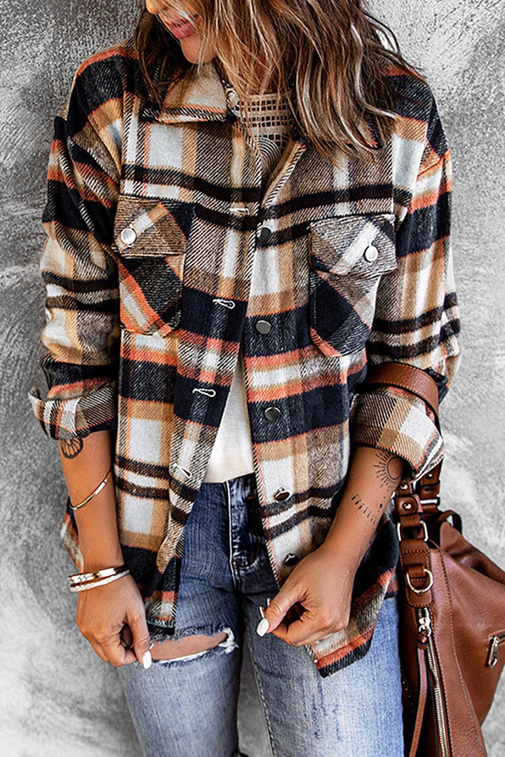 Plaid Button Front Shirt Jacket with Breast Pockets - Wind Angels