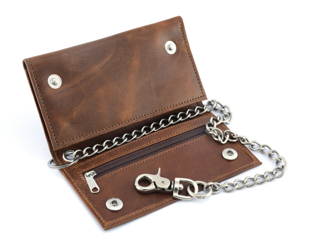 BWC234 Brown Long Bi-Fold Biker Leather Chain Wallet