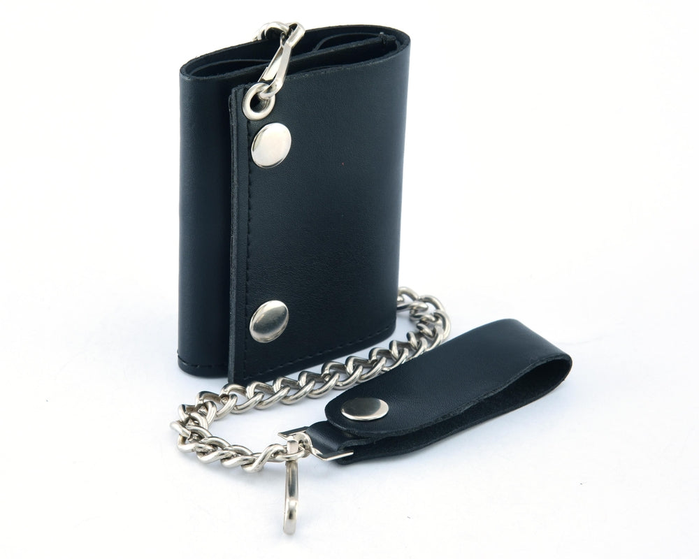 BWC235 Black Tri-Fold Genuine Leather Wallet with Chain